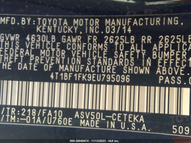 Photo 8 VIN: 4T1BF1FK9EU795096 - TOYOTA CAMRY 