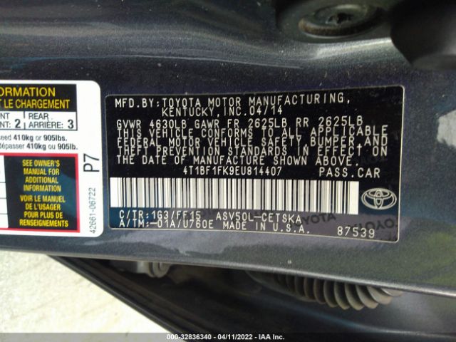 Photo 8 VIN: 4T1BF1FK9EU814407 - TOYOTA CAMRY 