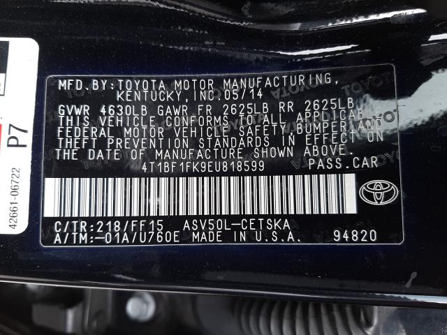 Photo 9 VIN: 4T1BF1FK9EU818599 - TOYOTA CAMRY L 