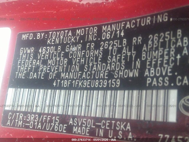 Photo 8 VIN: 4T1BF1FK9EU839159 - TOYOTA CAMRY 