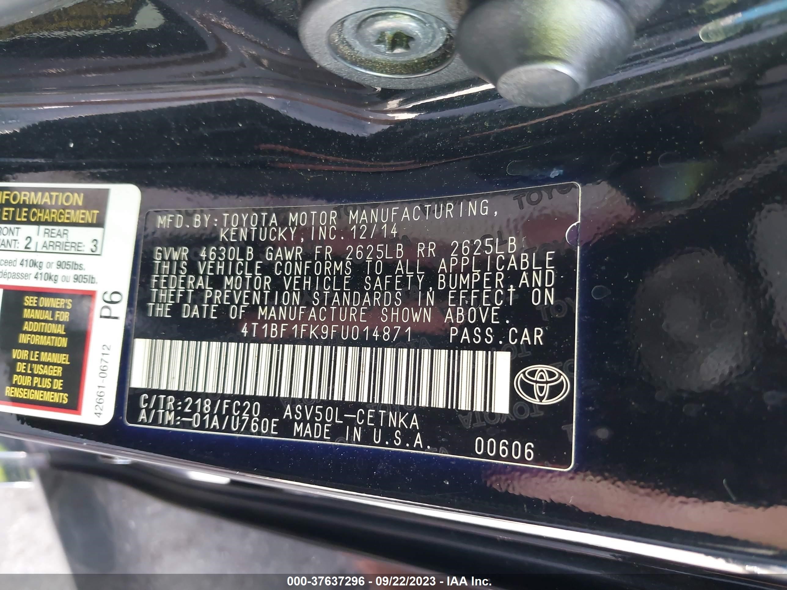 Photo 8 VIN: 4T1BF1FK9FU014871 - TOYOTA CAMRY 