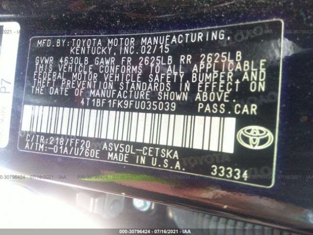 Photo 8 VIN: 4T1BF1FK9FU035039 - TOYOTA CAMRY 