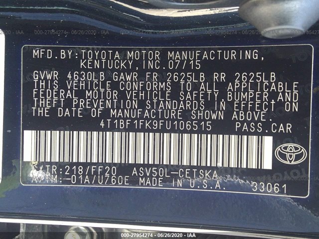 Photo 8 VIN: 4T1BF1FK9FU106515 - TOYOTA CAMRY 