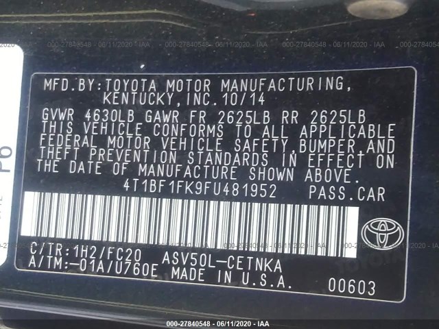 Photo 8 VIN: 4T1BF1FK9FU481952 - TOYOTA CAMRY 