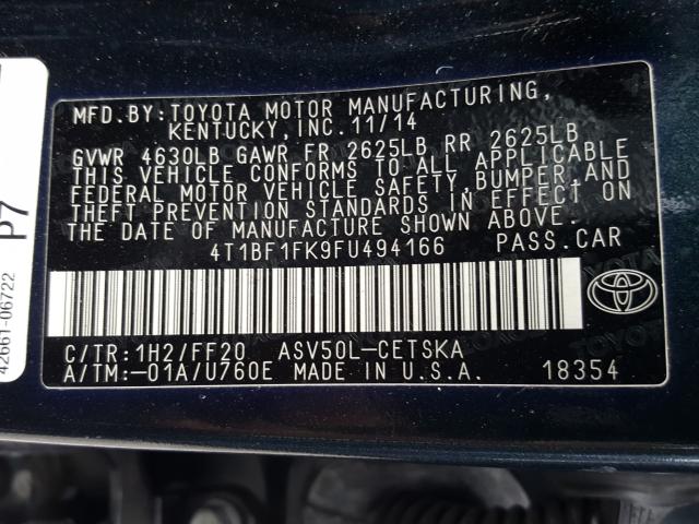 Photo 9 VIN: 4T1BF1FK9FU494166 - TOYOTA CAMRY LE 