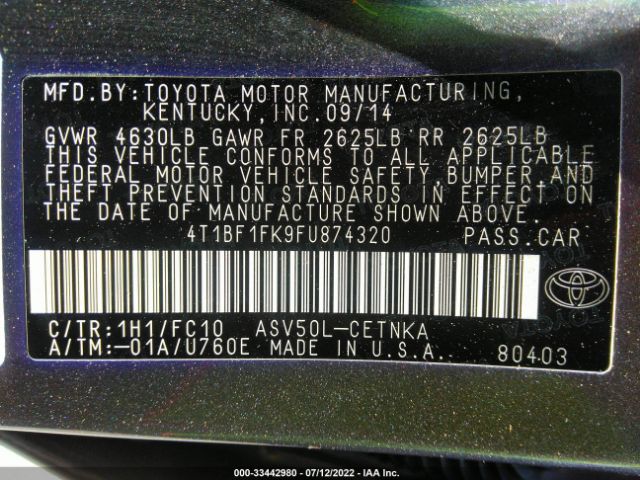 Photo 8 VIN: 4T1BF1FK9FU874320 - TOYOTA CAMRY 