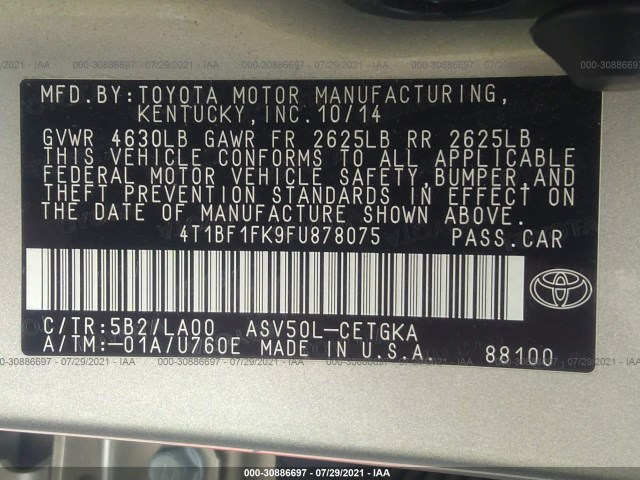 Photo 8 VIN: 4T1BF1FK9FU878075 - TOYOTA CAMRY 