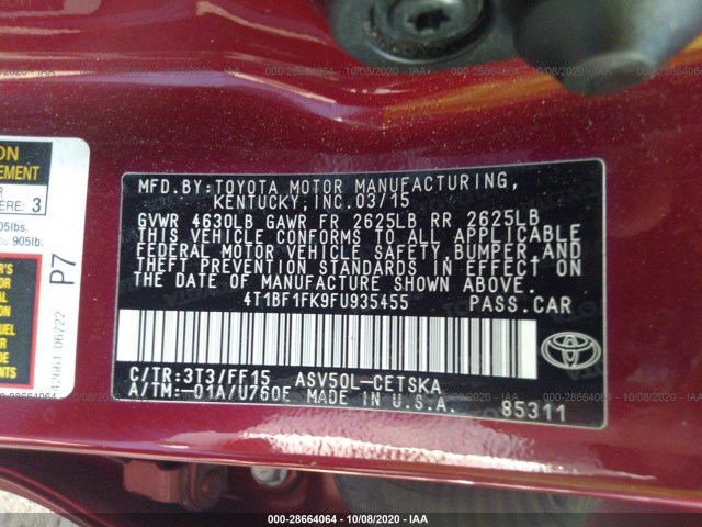 Photo 8 VIN: 4T1BF1FK9FU935455 - TOYOTA CAMRY 