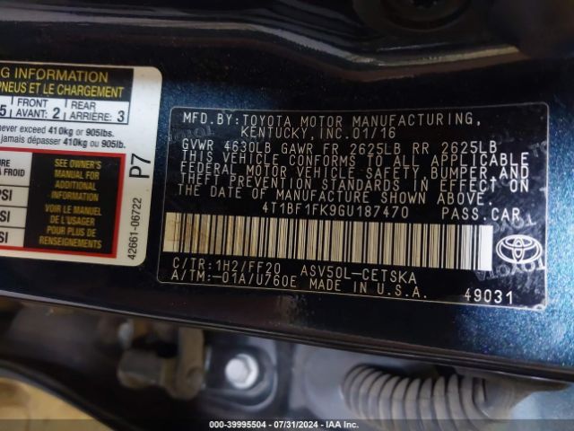 Photo 8 VIN: 4T1BF1FK9GU187470 - TOYOTA CAMRY 