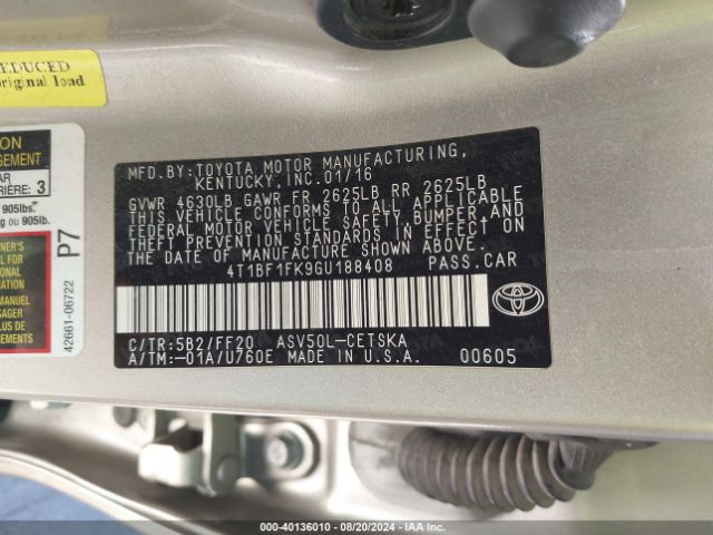 Photo 8 VIN: 4T1BF1FK9GU188408 - TOYOTA CAMRY 