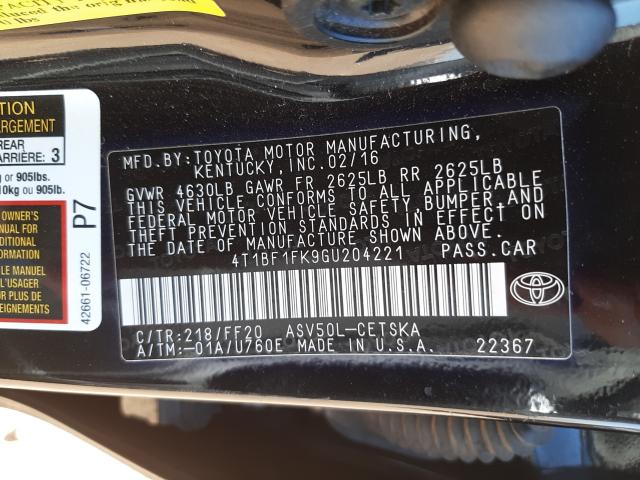 Photo 9 VIN: 4T1BF1FK9GU204221 - TOYOTA CAMRY LE 