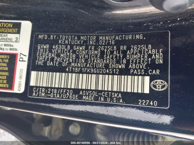 Photo 8 VIN: 4T1BF1FK9GU204512 - TOYOTA CAMRY 