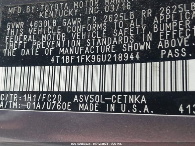 Photo 8 VIN: 4T1BF1FK9GU218944 - TOYOTA CAMRY 