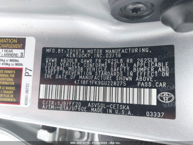 Photo 8 VIN: 4T1BF1FK9GU228275 - TOYOTA CAMRY 