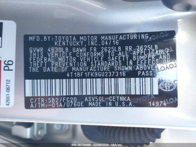 Photo 8 VIN: 4T1BF1FK9GU237316 - TOYOTA CAMRY 