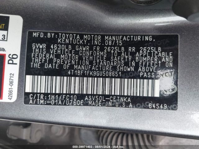 Photo 8 VIN: 4T1BF1FK9GU508651 - TOYOTA CAMRY 