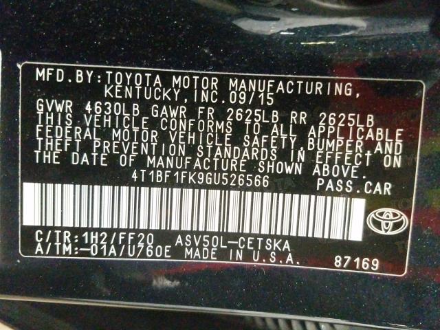 Photo 9 VIN: 4T1BF1FK9GU526566 - TOYOTA CAMRY LE 