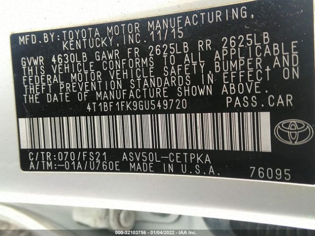 Photo 8 VIN: 4T1BF1FK9GU549720 - TOYOTA CAMRY 