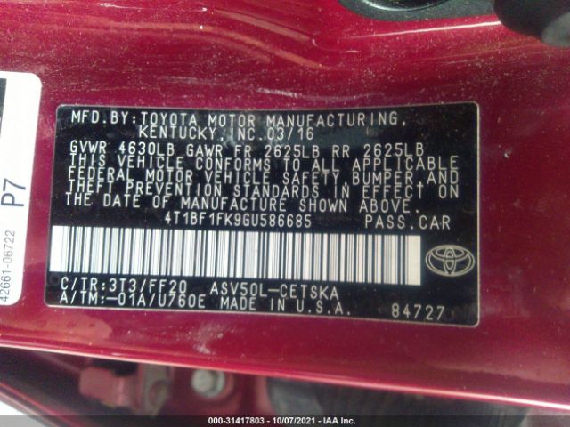 Photo 8 VIN: 4T1BF1FK9GU586685 - TOYOTA CAMRY 