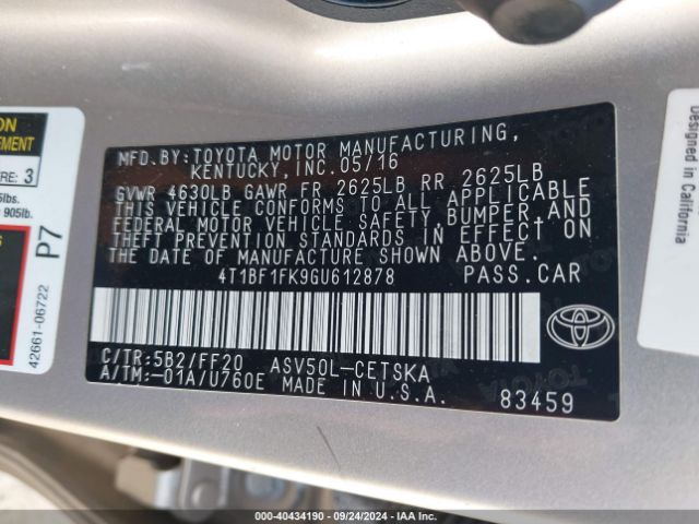 Photo 8 VIN: 4T1BF1FK9GU612878 - TOYOTA CAMRY 