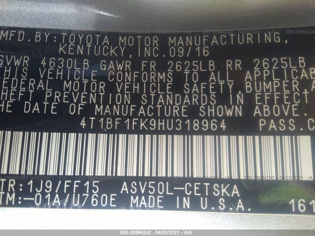 Photo 8 VIN: 4T1BF1FK9HU318964 - TOYOTA CAMRY 