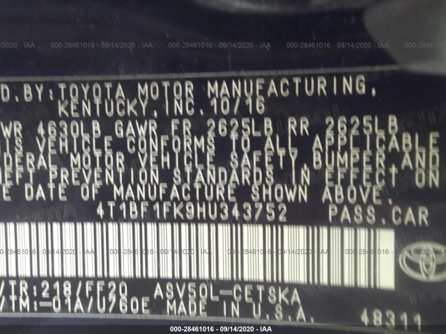 Photo 8 VIN: 4T1BF1FK9HU343752 - TOYOTA CAMRY 