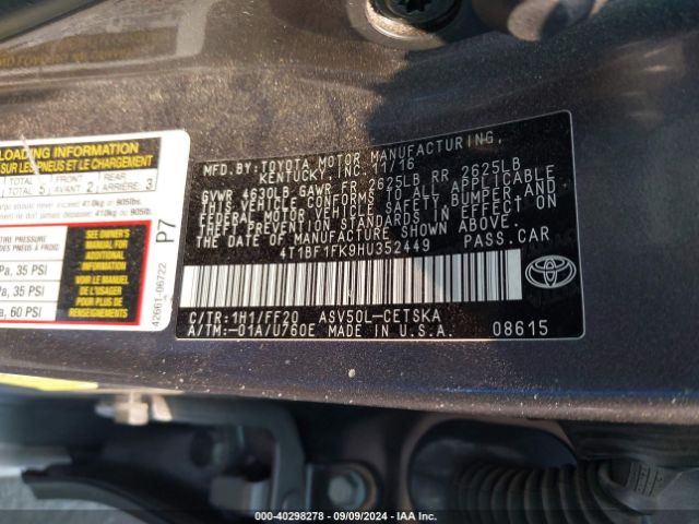 Photo 8 VIN: 4T1BF1FK9HU352449 - TOYOTA CAMRY 