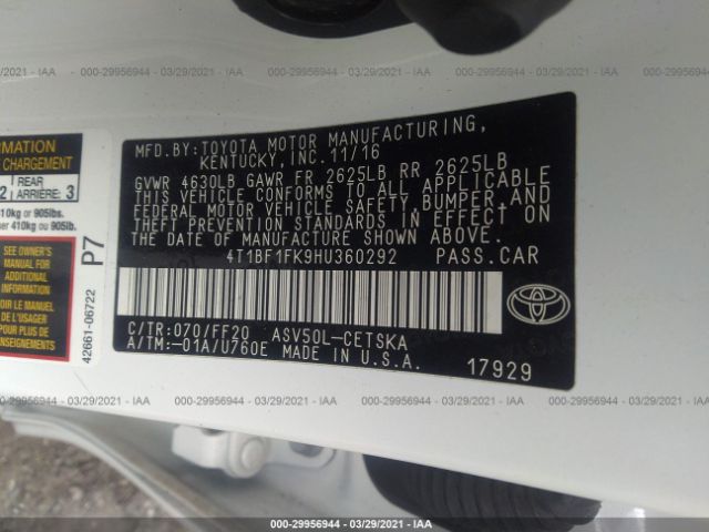 Photo 8 VIN: 4T1BF1FK9HU360292 - TOYOTA CAMRY 