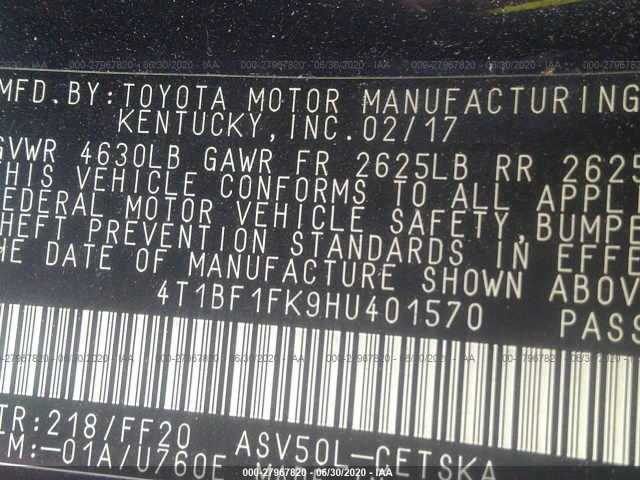 Photo 8 VIN: 4T1BF1FK9HU401570 - TOYOTA CAMRY 