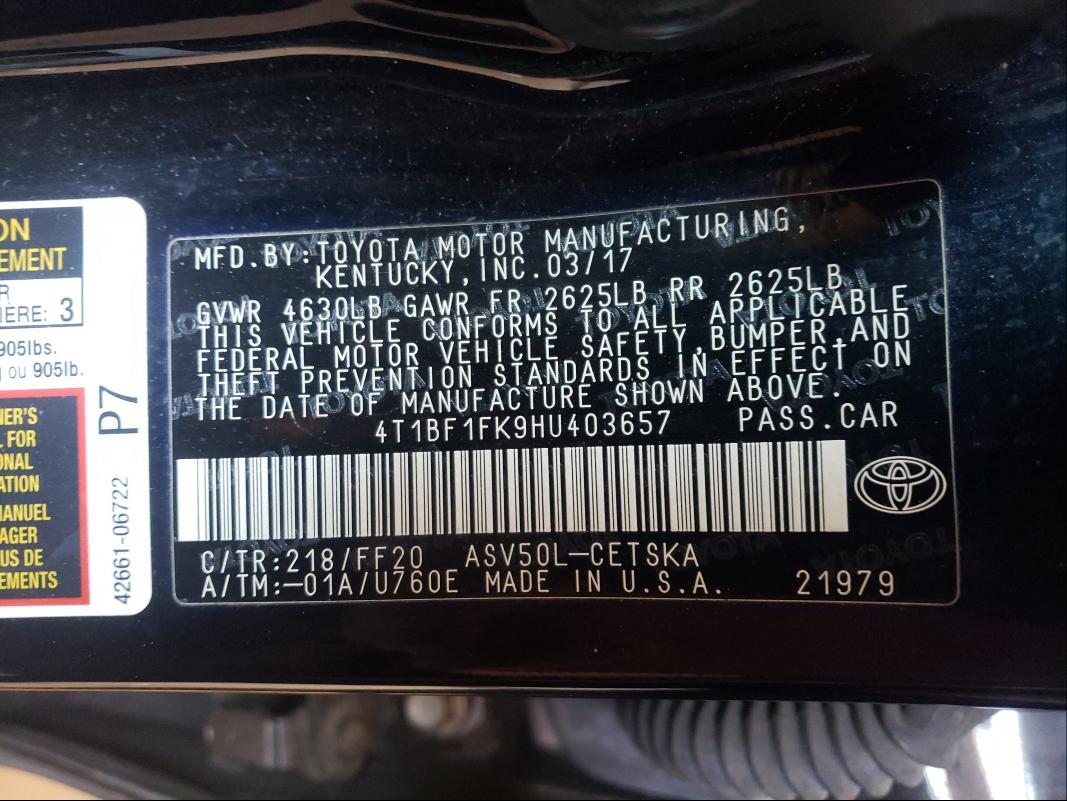 Photo 9 VIN: 4T1BF1FK9HU403657 - TOYOTA CAMRY LE 