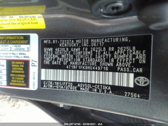 Photo 8 VIN: 4T1BF1FK9HU449716 - TOYOTA CAMRY 