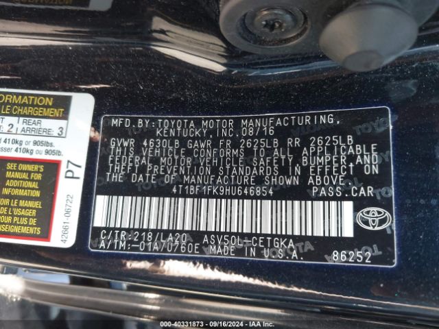 Photo 8 VIN: 4T1BF1FK9HU646854 - TOYOTA CAMRY 