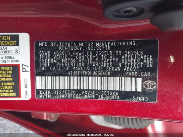 Photo 8 VIN: 4T1BF1FK9HU656400 - TOYOTA CAMRY 