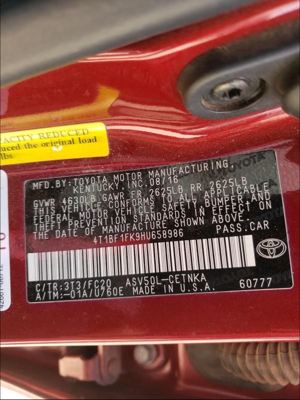 Photo 9 VIN: 4T1BF1FK9HU658986 - TOYOTA CAMRY LE 