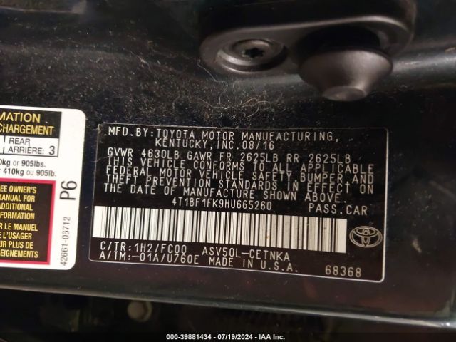 Photo 8 VIN: 4T1BF1FK9HU665260 - TOYOTA CAMRY 