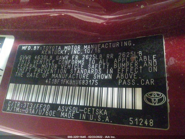 Photo 8 VIN: 4T1BF1FK9HU683175 - TOYOTA CAMRY 