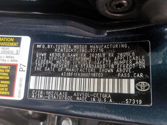 Photo 9 VIN: 4T1BF1FK9HU718703 - TOYOTA CAMRY LE 