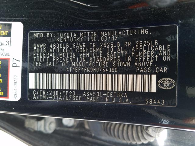 Photo 9 VIN: 4T1BF1FK9HU754360 - TOYOTA CAMRY LE 