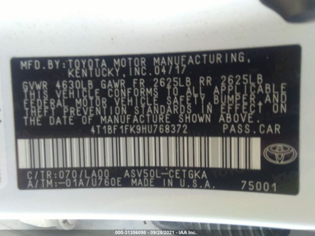 Photo 8 VIN: 4T1BF1FK9HU768372 - TOYOTA CAMRY 