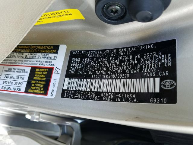 Photo 9 VIN: 4T1BF1FK9HU799220 - TOYOTA CAMRY LE 