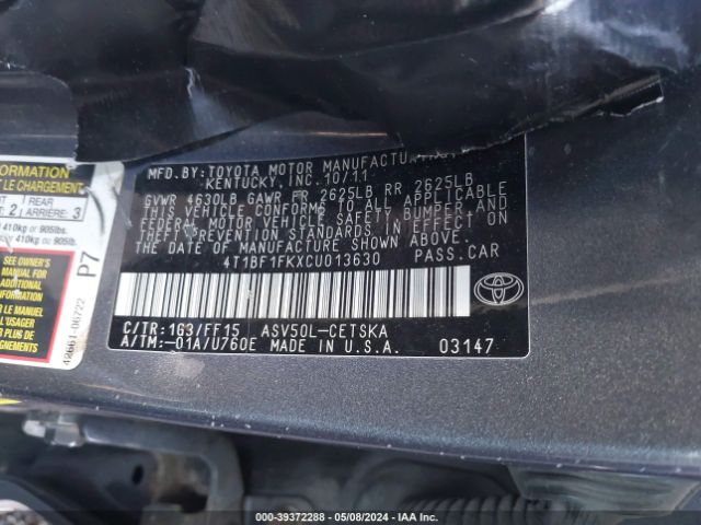 Photo 8 VIN: 4T1BF1FKXCU013630 - TOYOTA CAMRY 