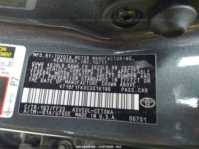 Photo 8 VIN: 4T1BF1FKXCU016186 - TOYOTA CAMRY 