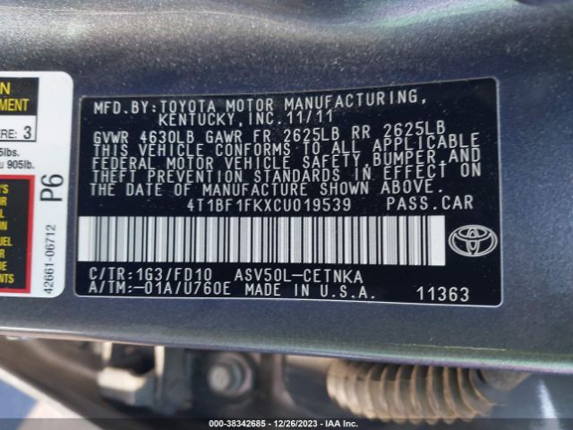 Photo 8 VIN: 4T1BF1FKXCU019539 - TOYOTA CAMRY 