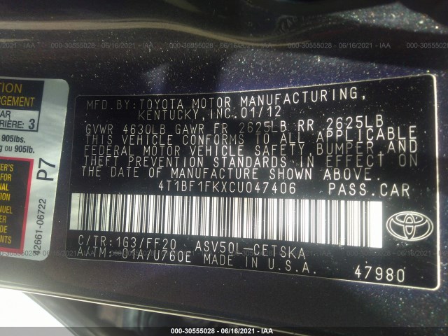 Photo 8 VIN: 4T1BF1FKXCU047406 - TOYOTA CAMRY 