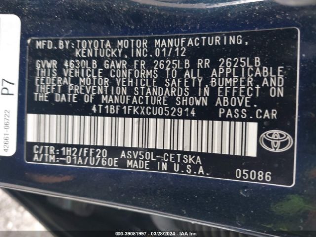 Photo 8 VIN: 4T1BF1FKXCU052914 - TOYOTA CAMRY 