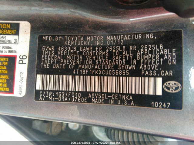 Photo 8 VIN: 4T1BF1FKXCU056865 - TOYOTA CAMRY 