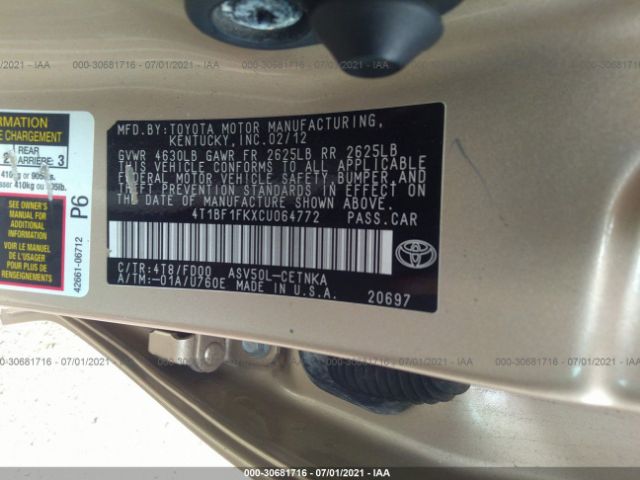 Photo 8 VIN: 4T1BF1FKXCU064772 - TOYOTA CAMRY 