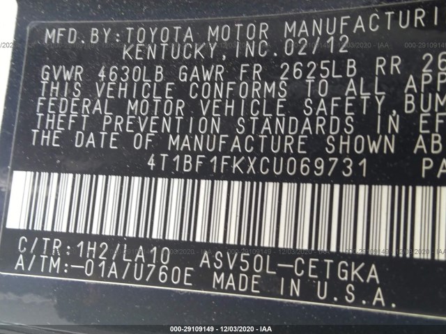 Photo 8 VIN: 4T1BF1FKXCU069731 - TOYOTA CAMRY 