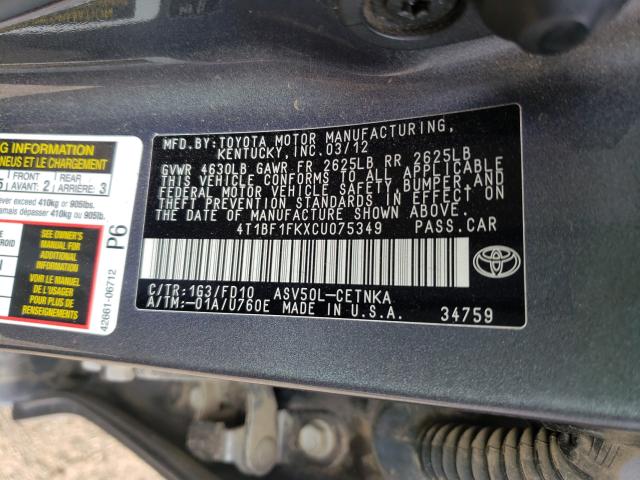 Photo 9 VIN: 4T1BF1FKXCU075349 - TOYOTA CAMRY BASE 