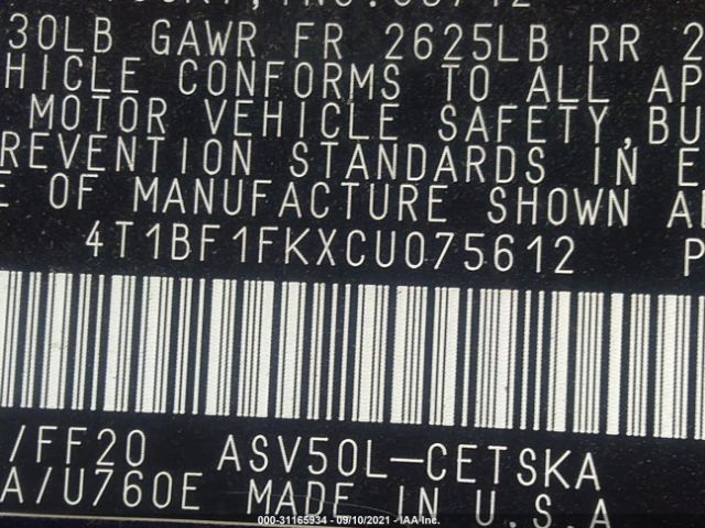 Photo 8 VIN: 4T1BF1FKXCU075612 - TOYOTA CAMRY 